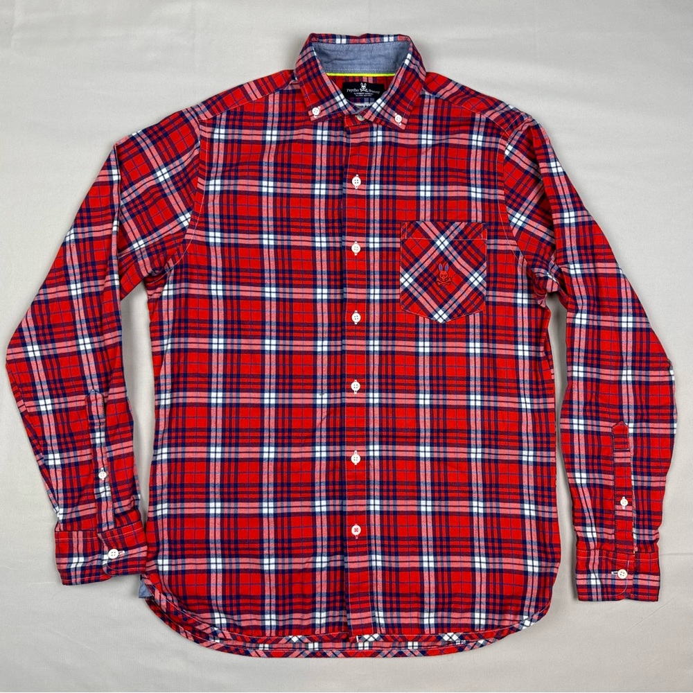 Psycho Bunny Mens Plaid Flannel Shirt Sz Small Long Sleeve Red/Blue C2